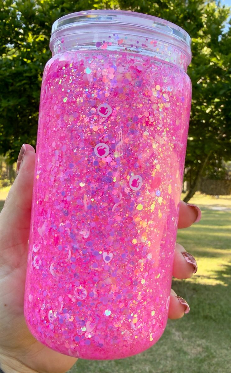 Pink Glitter 16 oz Snowglobe Tumbler w/ Straw