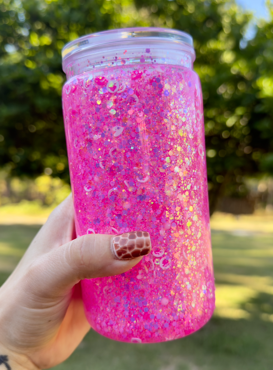 Pink Glitter 16 oz Snowglobe Tumbler w/ Straw