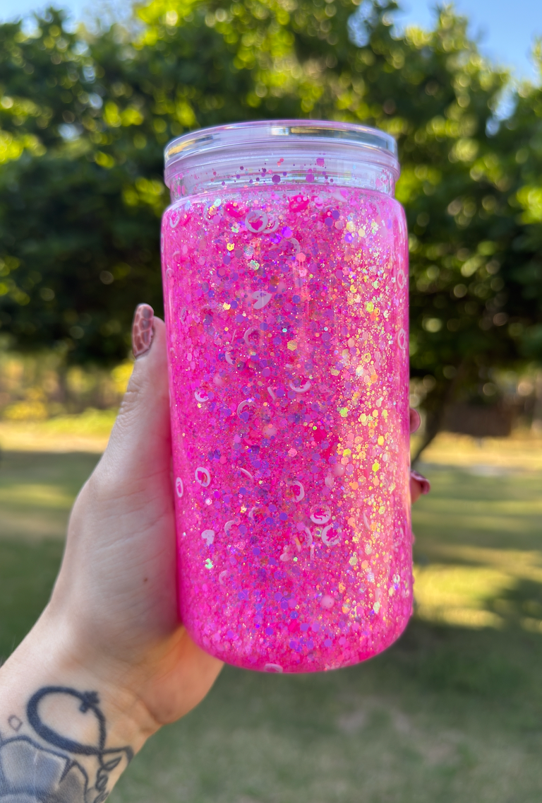 Pink Glitter 16 oz Snowglobe Tumbler w/ Straw
