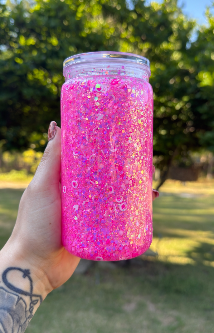 Pink Glitter 16 oz Snowglobe Tumbler w/ Straw