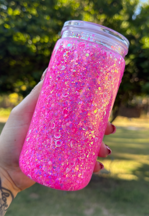 Pink Glitter 16 oz Snowglobe Tumbler w/ Straw