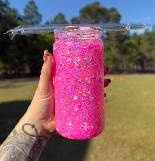 Pink Glitter 16 oz Snowglobe Tumbler w/ Straw