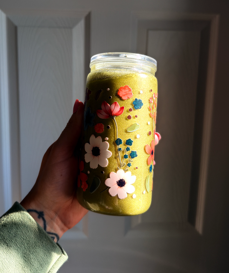 Green Floral 16 oz Snowglobe Tumbler w/ Straw