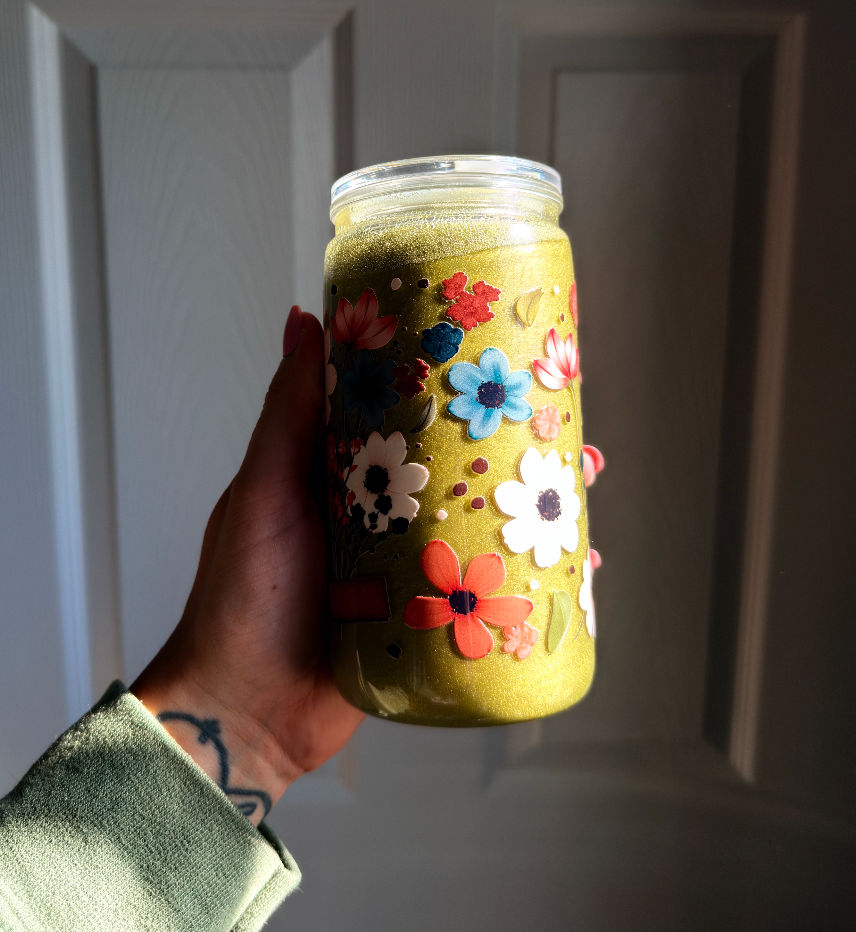 Green Floral 16 oz Snowglobe Tumbler w/ Straw