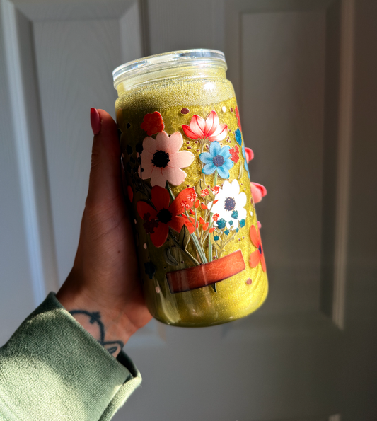 Green Floral 16 oz Snowglobe Tumbler w/ Straw