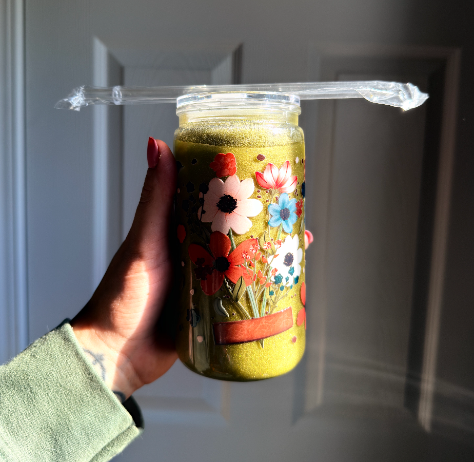 Green Floral 16 oz Snowglobe Tumbler w/ Straw