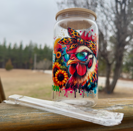 Crazy Chicken Sunflower 16 oz Glass Can w/ Straw