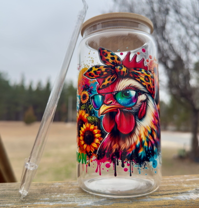 Crazy Chicken Sunflower 16 oz Glass Can w/ Straw