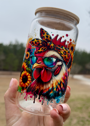 Colorful Chicken Sunflower Glass Cup | Farmhouse UV DTF Tumbler (16 oz)