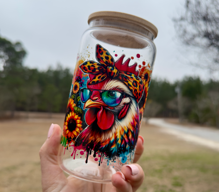 Colorful Chicken Sunflower Glass Cup | Farmhouse UV DTF Tumbler (16 oz)