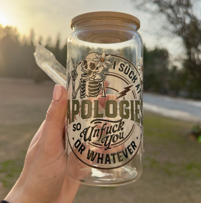 I Suck at Apologies Skeleton Cup | Middle Finger Skeleton Glass | Sarcastic Gift for Besties