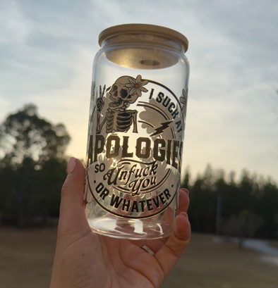 I Suck at Apologies Skeleton Cup | Middle Finger Skeleton Glass | Sarcastic Gift for Besties