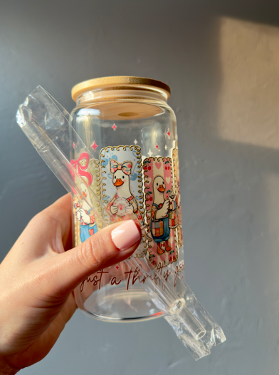 Just a Thrifty Goose Glass Cup | Vintage Duck Tumbler with Lid | Cottagecore Iced Coffee Cup
