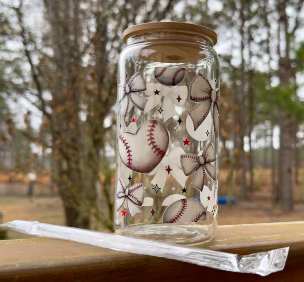 Baseball Bow Glass Cup | Heart Glass Can with Bamboo Lid | 16oz