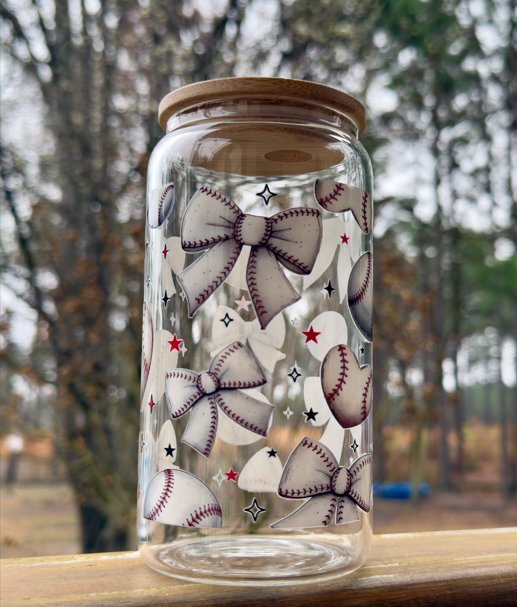 Baseball Bow Glass Cup | Heart Glass Can with Bamboo Lid | 16oz