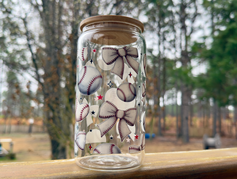 Baseball Bow Glass Cup | Heart Glass Can with Bamboo Lid | 16oz