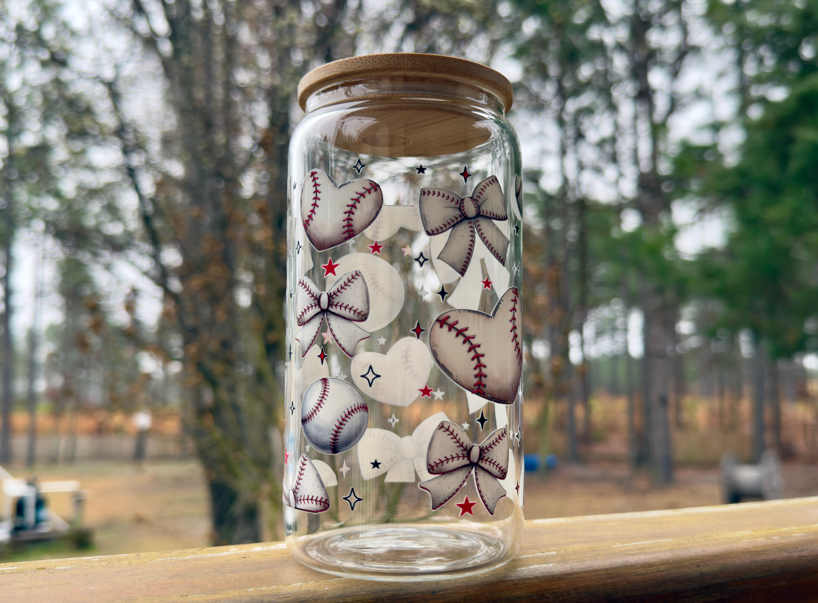 Baseball Bow Glass Cup | Heart Glass Can with Bamboo Lid | 16oz