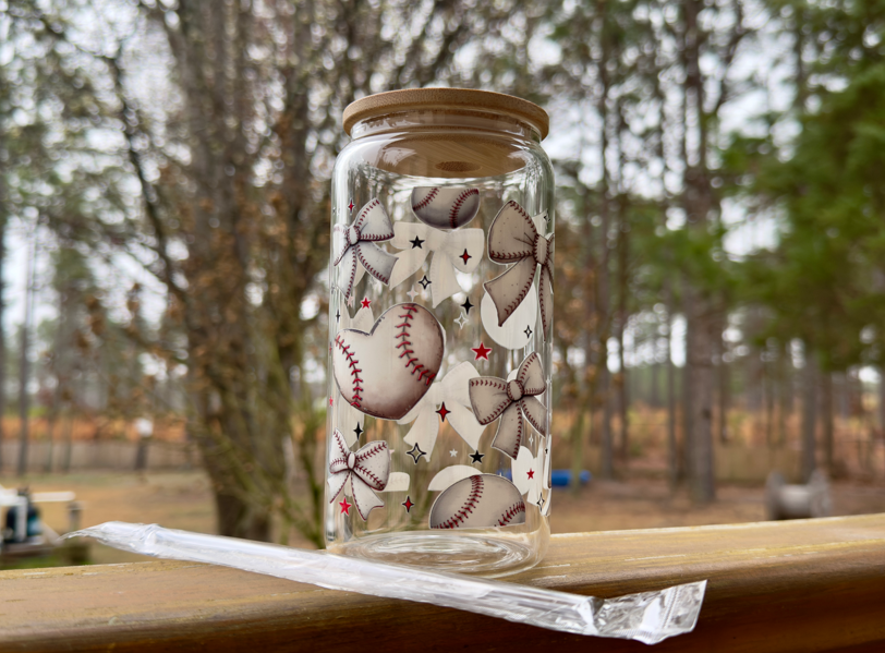 Baseball Bow 16 oz Glass Can w/ Straw
