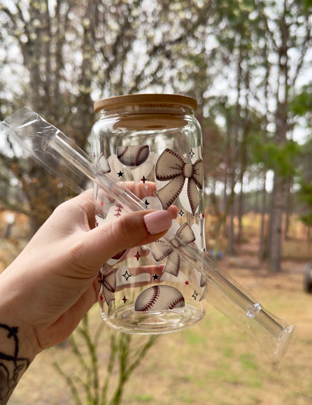 Baseball Bow 16 oz Glass Can w/ Straw