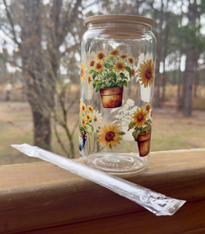 Sunflower & Potted Plant Glass Cup | 16oz Iced Coffee Can with Bamboo Lid | Garden Drinkware