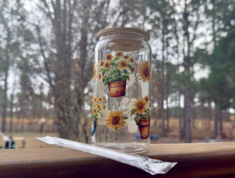 Sunflower 16 oz Glass Can w/ Straw