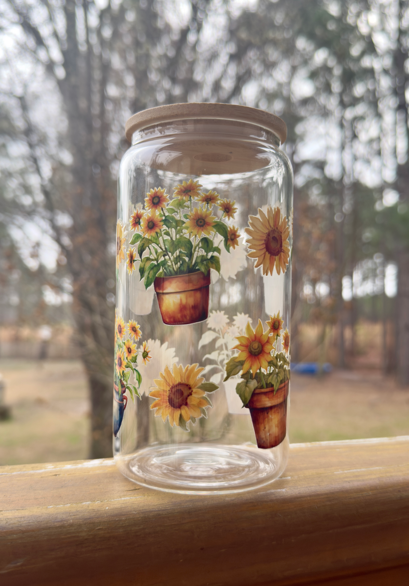 Sunflower & Potted Plant Glass Cup | 16oz Iced Coffee Can with Bamboo Lid | Garden Drinkware