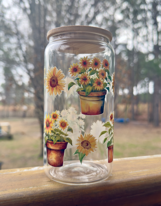 Sunflower & Potted Plant Glass Cup | 16oz Iced Coffee Can with Bamboo Lid | Garden Drinkware