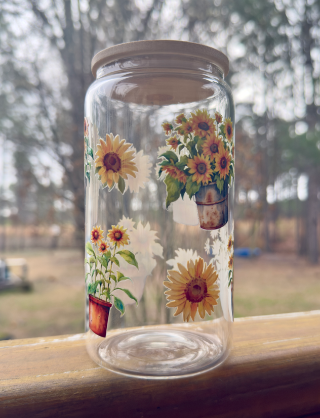 Sunflower & Potted Plant Glass Cup | 16oz Iced Coffee Can with Bamboo Lid | Garden Drinkware