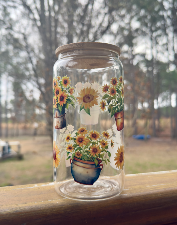 Sunflower 16 oz Glass Can w/ Straw