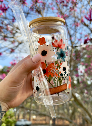 Floral Iced Coffee Cup 16oz | Colorful Flower Glass Can with Bamboo Lid