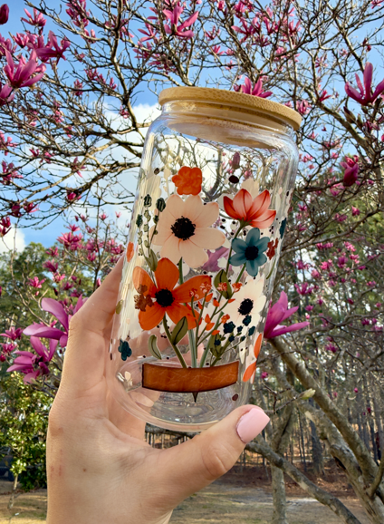 Floral Iced Coffee Cup 16oz | Colorful Flower Glass Can with Bamboo Lid