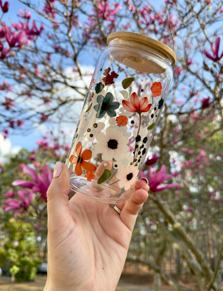 Floral Iced Coffee Cup 16oz | Colorful Flower Glass Can with Bamboo Lid