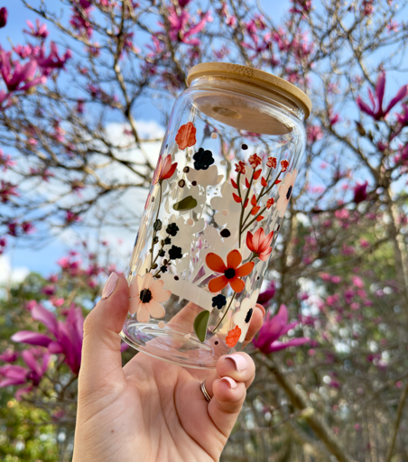 Floral Iced Coffee Cup 16oz | Colorful Flower Glass Can with Bamboo Lid