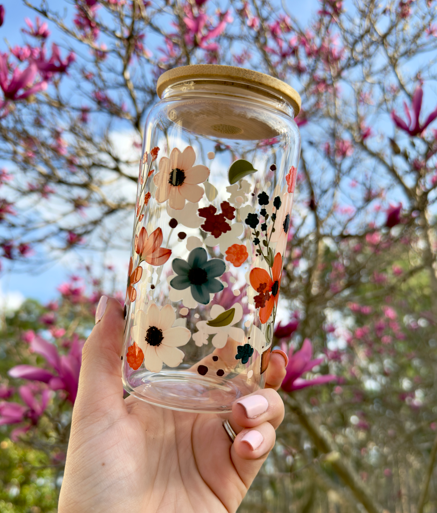 Floral Iced Coffee Cup 16oz | Colorful Flower Glass Can with Bamboo Lid