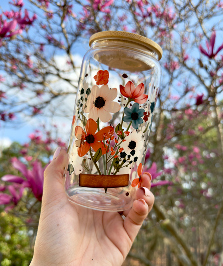 Floral Iced Coffee Cup 16oz | Colorful Flower Glass Can with Bamboo Lid