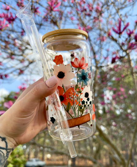 Floral Iced Coffee Cup 16oz | Colorful Flower Glass Can with Bamboo Lid