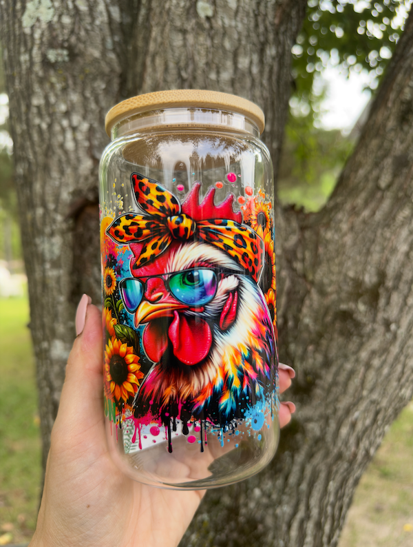 Crazy Chicken Sunflower 16 oz Glass Can w/ Straw