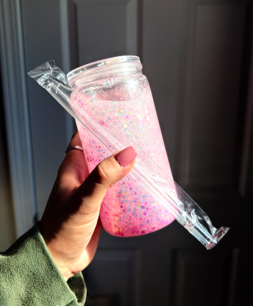 Light Pink Glitter 16 oz Snowglobe Tumbler w/ Straw