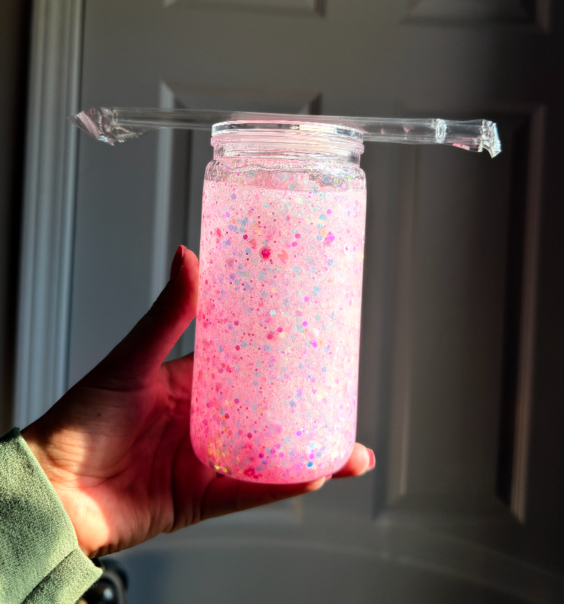 Light Pink Glitter 16 oz Snowglobe Tumbler w/ Straw