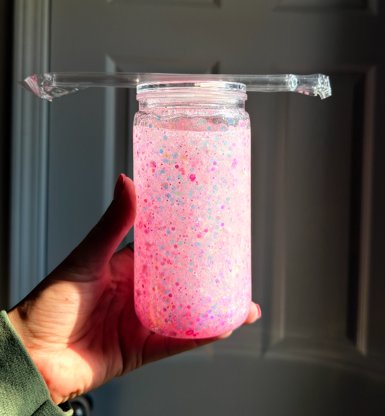 Light Pink Glitter 16 oz Snowglobe Tumbler w/ Straw