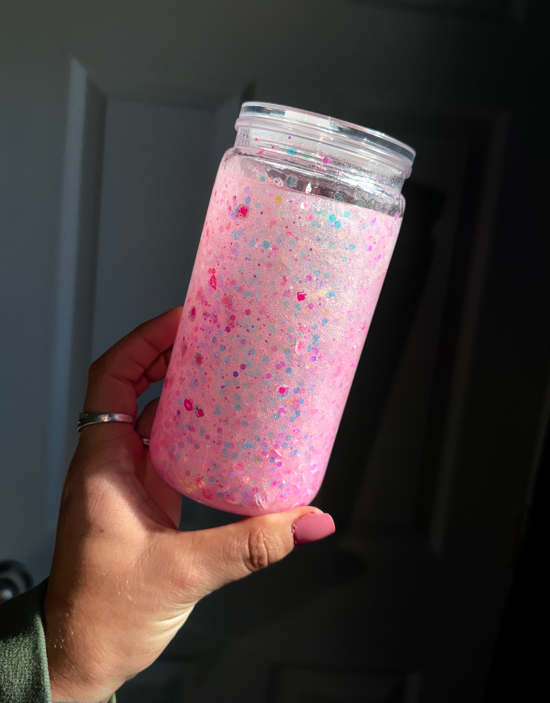 Light Pink Glitter 16 oz Snowglobe Tumbler w/ Straw