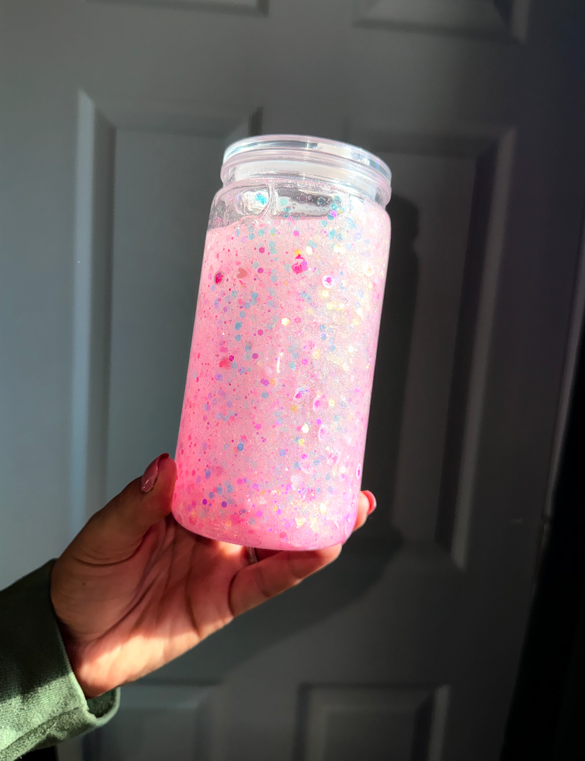 Light Pink Glitter 16 oz Snowglobe Tumbler w/ Straw