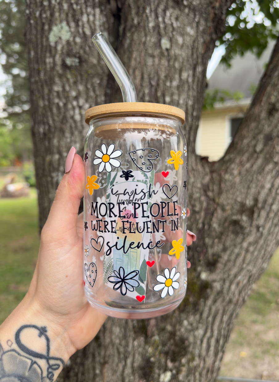 Fluent in Silence 16 oz Glass Can w/ Straw