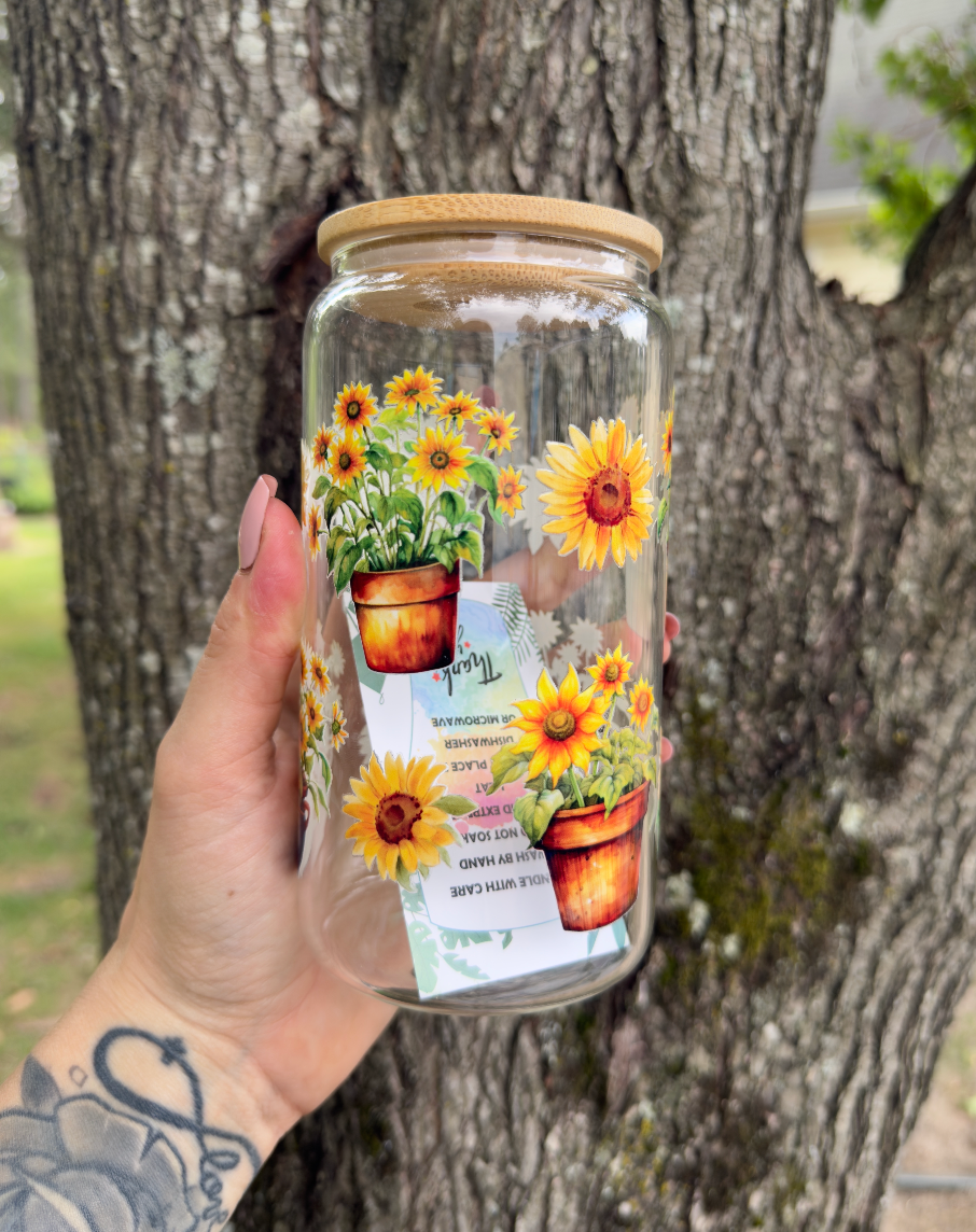 Sunflower 16 oz Glass Can w/ Straw