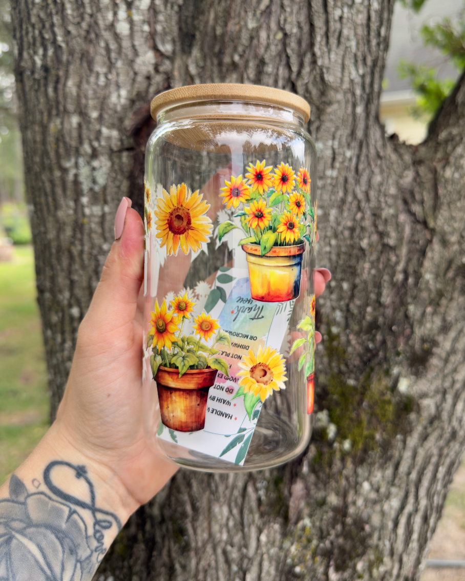 Sunflower 16 oz Glass Can w/ Straw