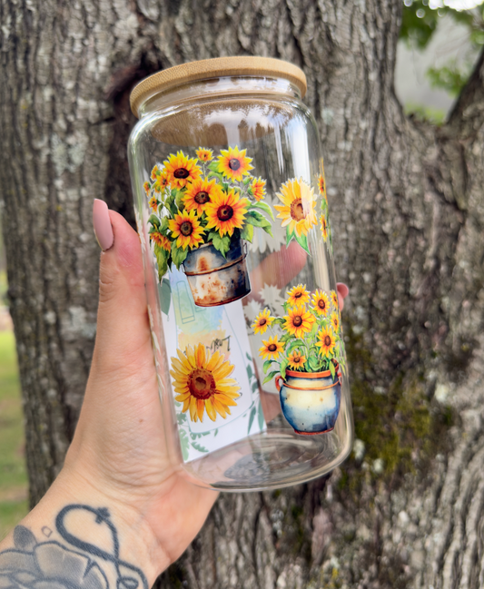 Sunflower 16 oz Glass Can w/ Straw