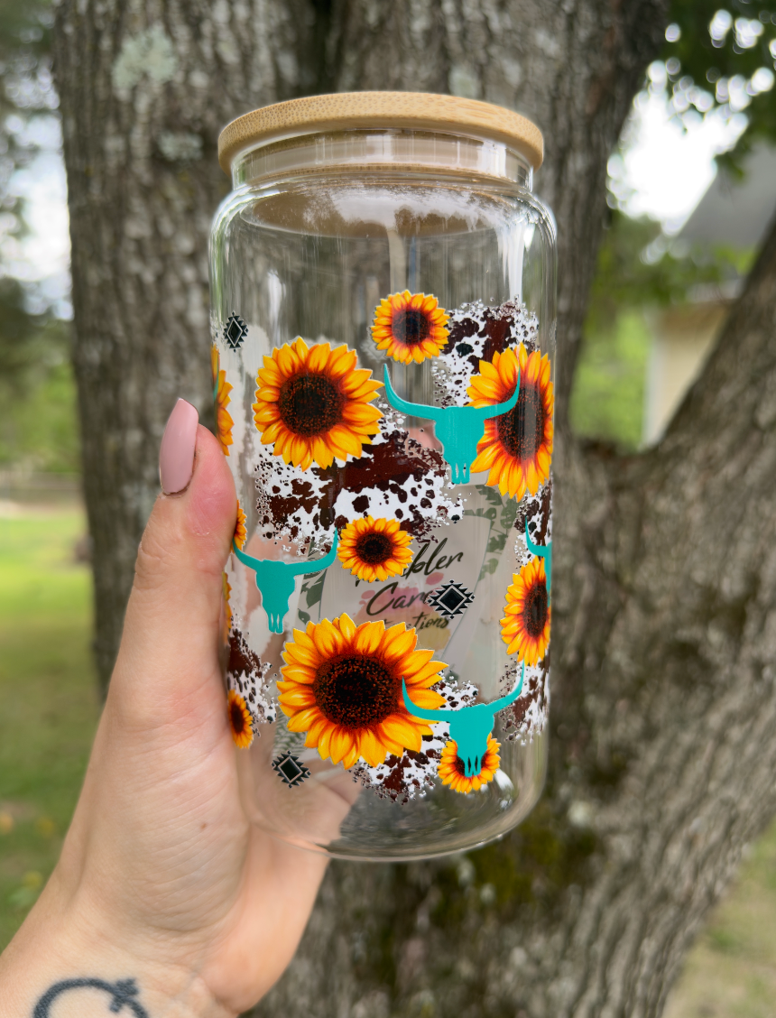 Western Sunflower 16 oz Glass Can w/ Straw