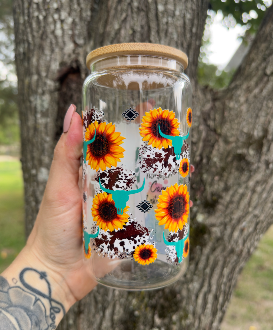 Western Sunflower 16 oz Glass Can w/ Straw