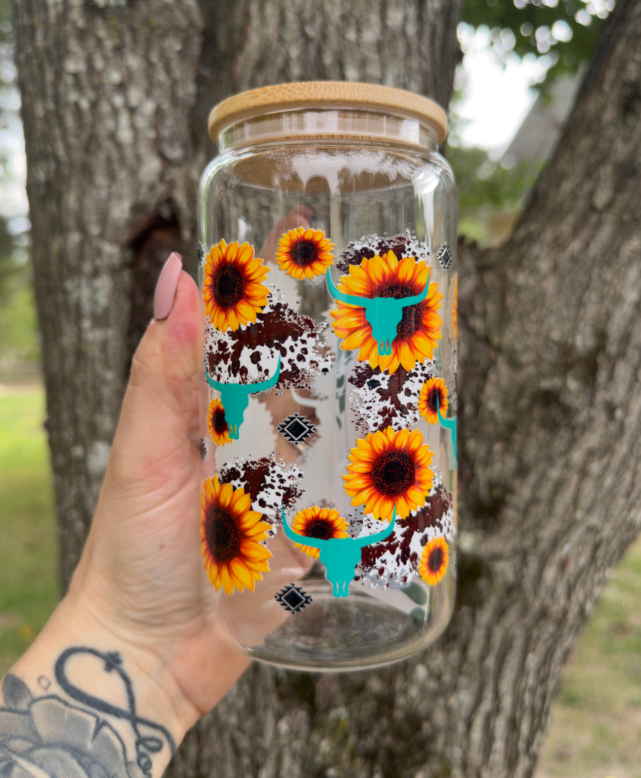 Western Sunflower 16 oz Glass Can w/ Straw