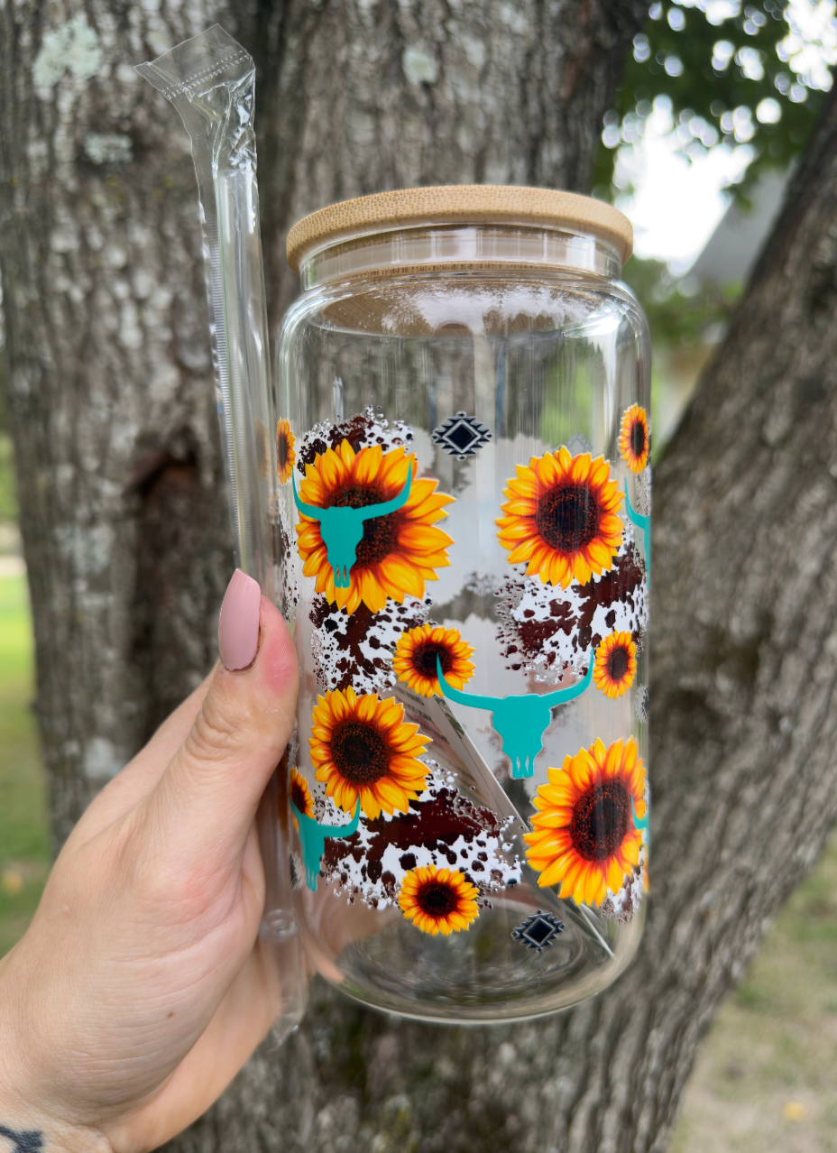 Western Sunflower 16 oz Glass Can w/ Straw
